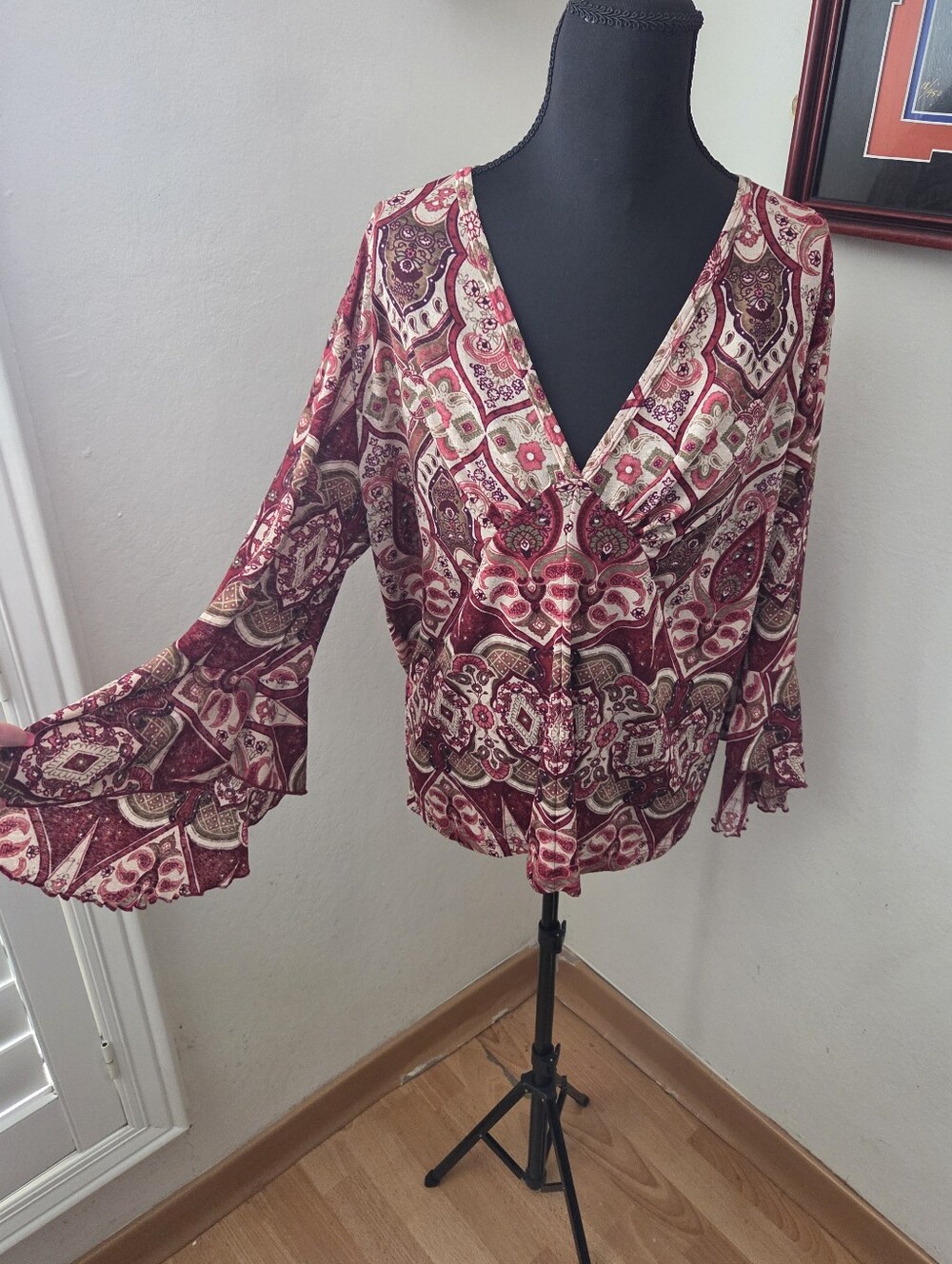 Witchy Whimsigoth Y2K Boho Burgundy Paisley V-Neck Ruffle Flare Sleeve Blouse 2X